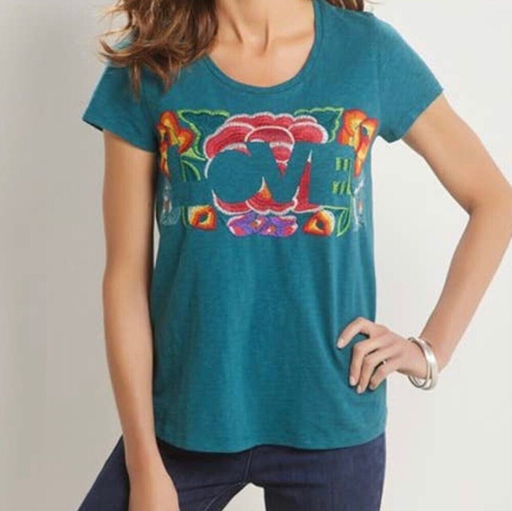 Soft Surrounding LOVE Embroidered Floral Teal Graphic Tee Size SP